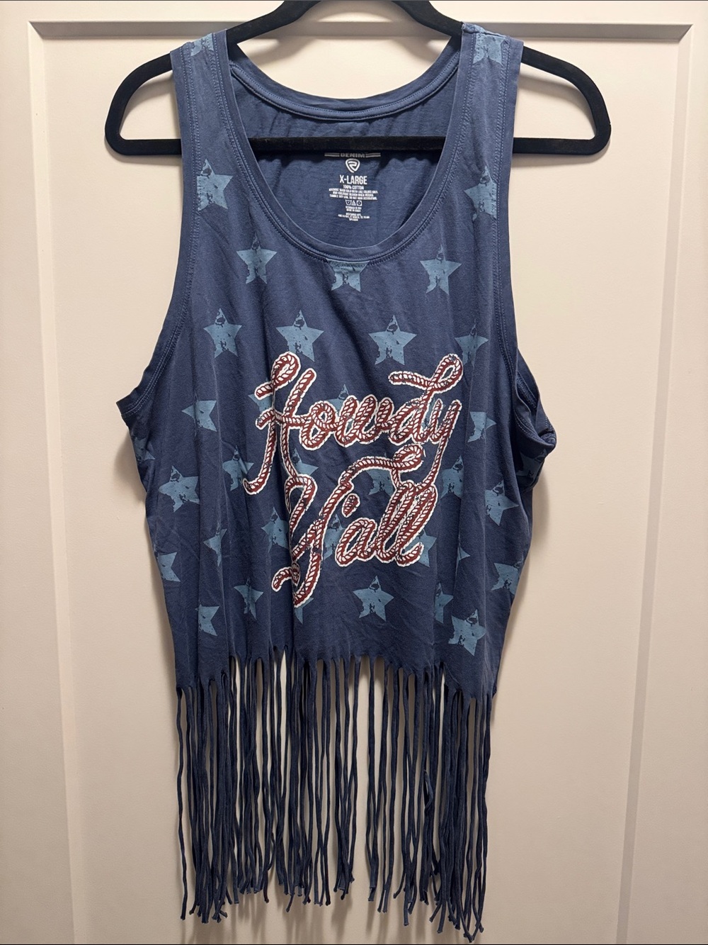 🆕 Rock & Roll Denim Blue Tank Top w Fringe & ‘Howdy Y'all' Graphic. XL NWT!🔥💃🏼